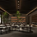 Restaurant Interior Design With Wooden Ceiling Round Tables Green Plants Natural Light And Shelves