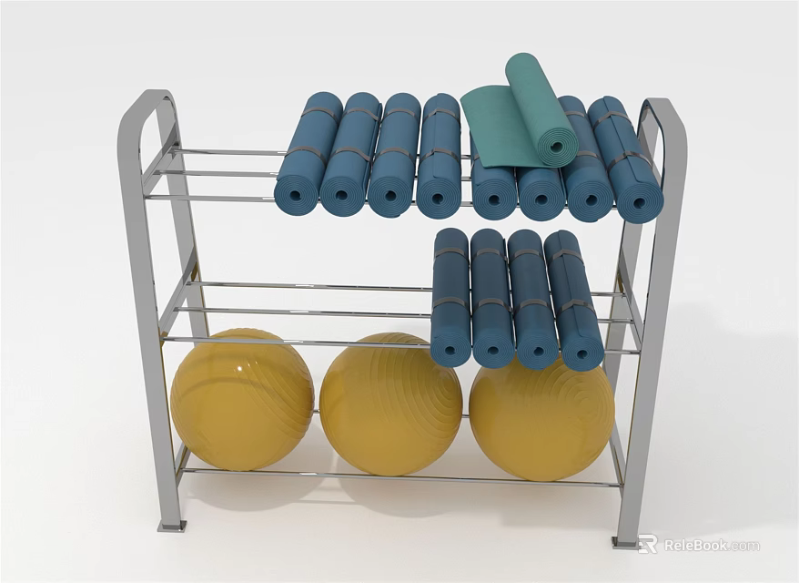 Sports Equipment on Metal Rack with Yoga Mats Foam Rollers and Yellow Exercise Balls 3d model 