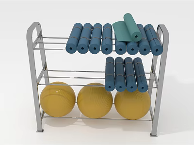 Sports Equipment on Metal Rack with Yoga Mats Foam Rollers and Yellow Exercise Balls 3d model