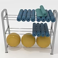 Sports Equipment on Metal Rack with Yoga Mats Foam Rollers and Yellow Exercise Balls