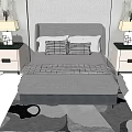 Background Double Bed With Gray Headboard Checkered Pillows Nightstands Table Lamps And Patterned Rug 3d model