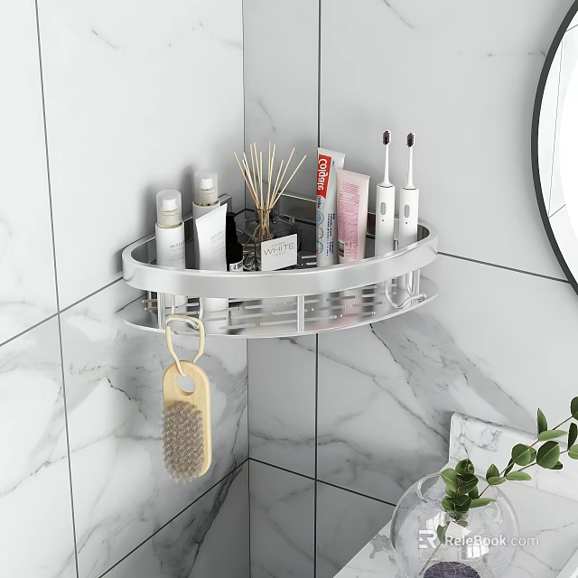 Modern Bathroom Corner Shelf Mounted On Marble Wall With Toiletries And Skincare Products 3d model 