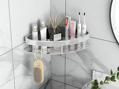 Modern Bathroom Corner Shelf Mounted On Marble Wall With Toiletries And Skincare Products 3d model