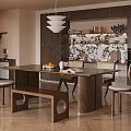 Cozy Modern Dining Room With Wooden Table Upholstered Chairs Bench Fruit Bowl And Cabinets