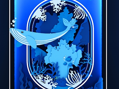 Window Marine Life Silhouette Paper-cut Wind Ocean Day Whale Life Underwater World Creative Illustration Marine Life Paper-cut model