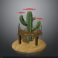 Green Cactus With Wooden Platform Staircase And Pink Umbrellas On Sandy Base