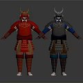 Men Wearing Red and Silver Traditional Samurai Armor Standing Full Body