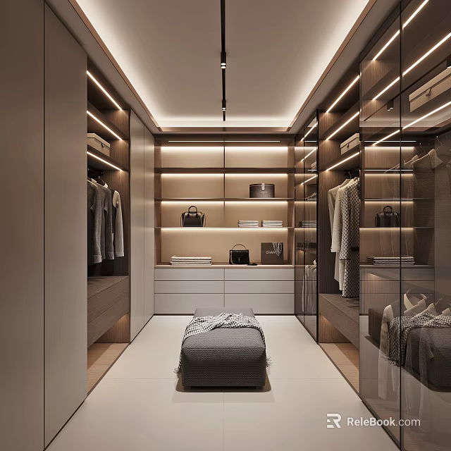 Modern Walk in Closet Interior With Built in Cabinets Hanging Rods LED Lighting And Mirrored Panels 3d model 