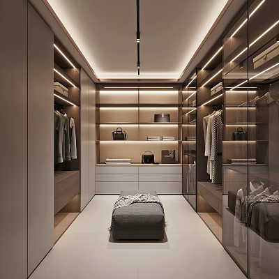 Modern Walk in Closet Interior With Built in Cabinets Hanging Rods LED Lighting And Mirrored Panels 3d model