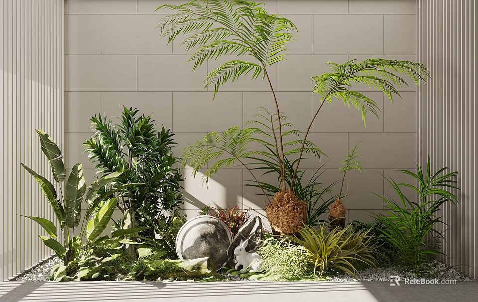 Lush Indoor Green Plants Interior With Ferns Stone And Various Foliage 3d model 