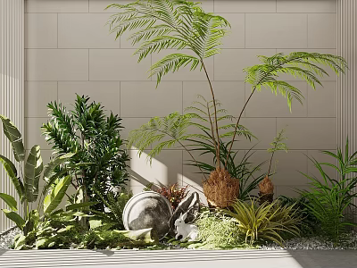 Lush Indoor Green Plants Interior With Ferns Stone And Various Foliage 3d model