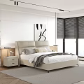 Modern Upholstered Double Bed in Bedroom with Bedside Tables Lamps Decorative Painting and Grey Carpet