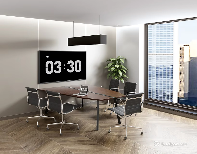 Modern Conference Room With Large Screen Displaying Time Meeting Table Chairs Plant And City View 3d model 