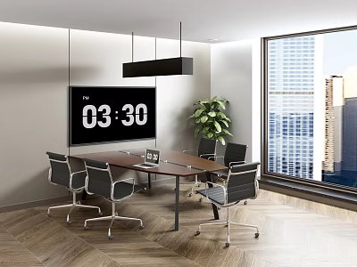 Modern Conference Room With Large Screen Displaying Time Meeting Table Chairs Plant And City View 3d model