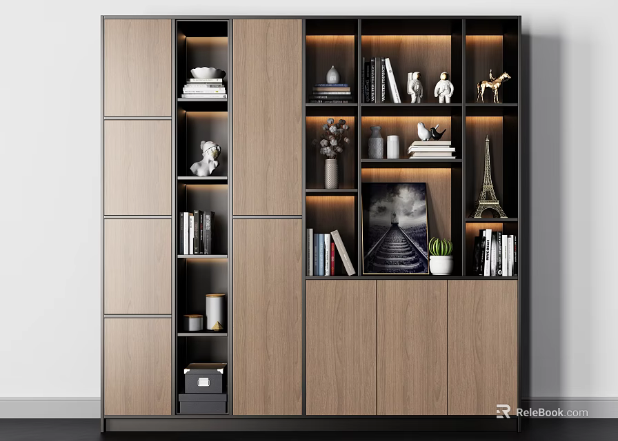 Modern Wooden Bookcase With Black Frame Featuring Books Decorative Sculptures Plant And Eiffel Tower Model 3d model 