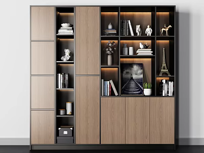 Modern Wooden Bookcase With Black Frame Featuring Books Decorative Sculptures Plant And Eiffel Tower Model 3d model