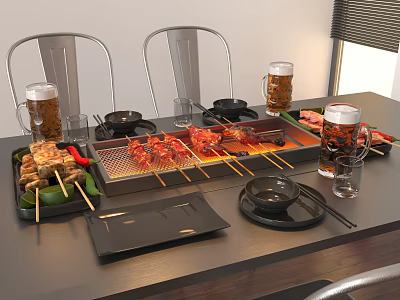 Dining Table Set with Grill Skewers Beer Mugs and Chairs for Family Gathering 3d model