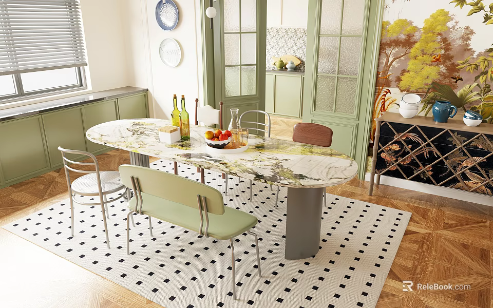 Modern Dining Table Set With Marble Top Green Gray Chairs Green Cabinets And Checkered Rug 3d model 