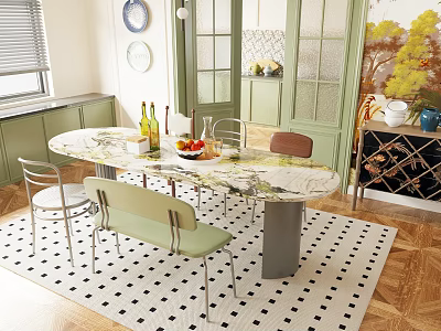 Modern Dining Table Set With Marble Top Green Gray Chairs Green Cabinets And Checkered Rug 3d model