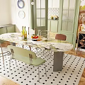 Modern Dining Table Set With Marble Top Green Gray Chairs Green Cabinets And Checkered Rug