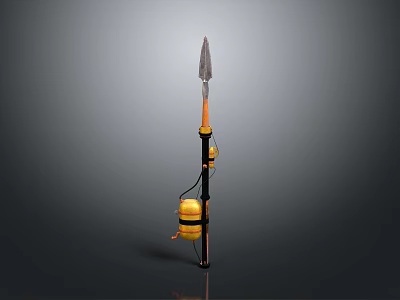 Black And Yellow Garden Tool With Long Pole Spike Tip And Container 3d model