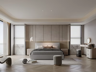 Elegant Modern Bedroom Interior Design With Gray Walls Large Windows Bedside Tables Vanity And Rug 3d model