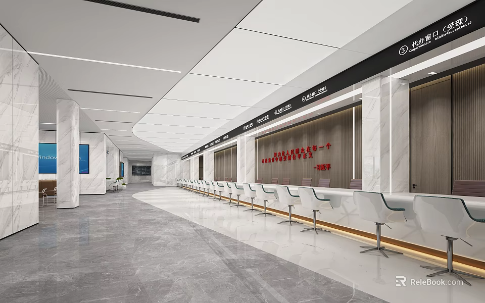 Modern Service Hall Interior With Spacious Space Counters And Seating 3d model