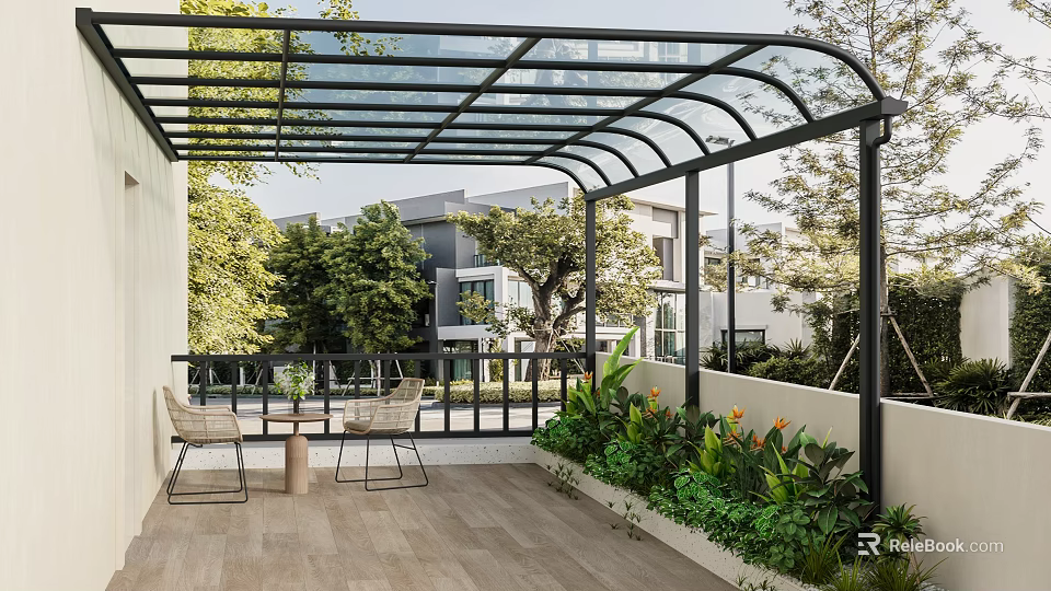 Garden Style Outdoor Patio With Canopy Seating And Lush Greenery 3d model 