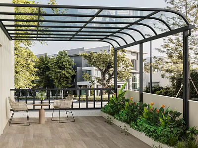 Garden Style Outdoor Patio With Canopy Seating And Lush Greenery 3d model