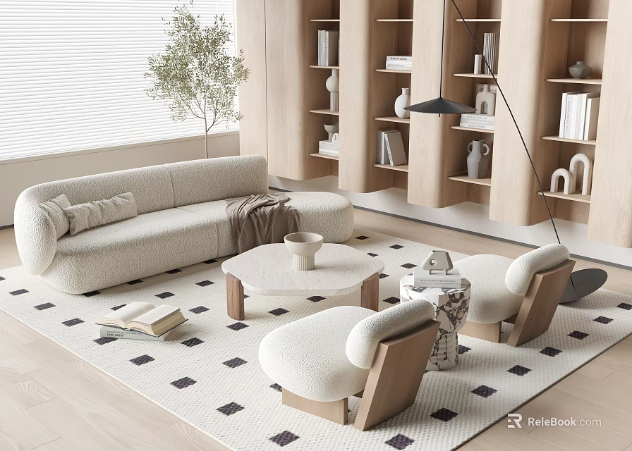Modern Sofa and Coffee Table Set with Light Beige Bookshelves Floor Lamp and Patterned Rug 3d model 