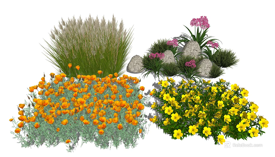 Colorful Diverse Garden Flowers Featuring Orange Yellow Purple Blooms And Grasses 3d model 