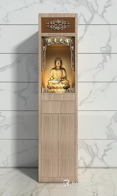 Wooden Buddha Shrine Cabinet With Illuminated Buddha Statue And Marble Wall Background 3d model 