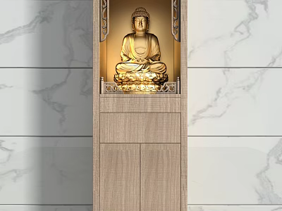 Wooden Buddha Shrine Cabinet With Illuminated Buddha Statue And Marble Wall Background 3d model