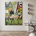 Vibrant Floral Oil Painting Featuring Tropical Plants And Flamingo In Interior Decor
