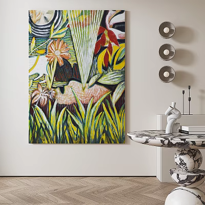 Vibrant Floral Oil Painting Featuring Tropical Plants And Flamingo In Interior Decor 3d model