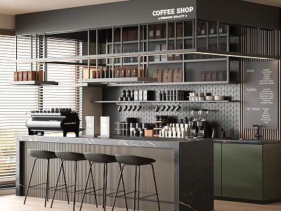 Modern Coffee Shop Interior Design With Bar Counter Stools Coffee Machine Coffee Beans And Cups 3d model