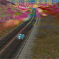 Blue Car Driving on Winding Road Through Grassland Hills and Trees