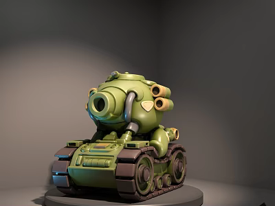 Cartoon Style Green Tank Model On Display Stand With Lighting Effects 3d model