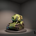 Cartoon Style Green Tank Model On Display Stand With Lighting Effects