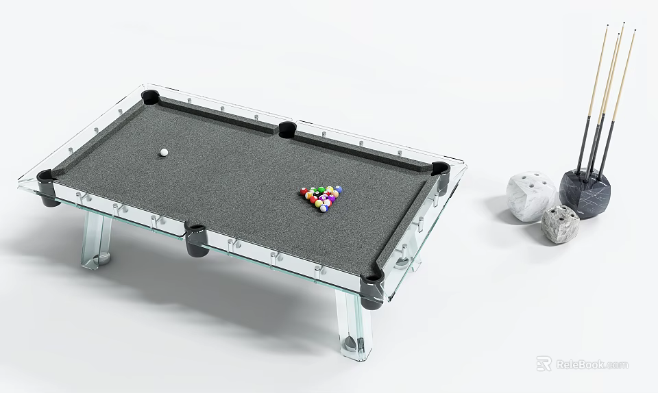 Glass Billiard Table With Transparent Legs Cue Ball Colored Balls Cue Sticks And Dice 3d model 