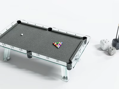 Glass Billiard Table With Transparent Legs Cue Ball Colored Balls Cue Sticks And Dice 3d model