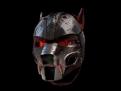 Dark Metallic Battle Helmet With Red Glowing Eyes Horns And Blood Like Textures 3d model