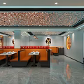 Modern Restaurant Interior With Orange Black Booths Dining Tables Marble Flooring And Decorative Ceiling