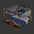 Elegant Ornate Four Poster Bed With Blue Mattress Gold Red Canopy And Decorative Bedposts