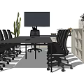Black Conference Table With Multiple Office Chairs Monitor And Filing Cabinets In Modern Office