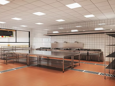Functional Commercial Kitchen Interior With Stainless Steel Worktables Tiled Walls And Ceiling Lights 3d model