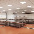Functional Commercial Kitchen Interior With Stainless Steel Worktables Tiled Walls And Ceiling Lights