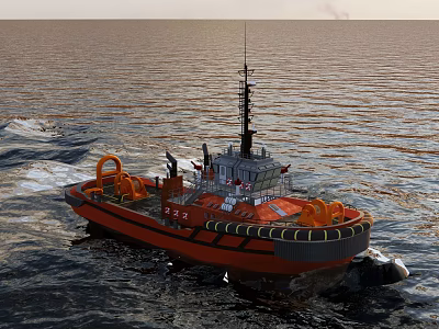 Orange Tugboat Operating In Open Sea With Rough Waves And Smoke Stack 3d model