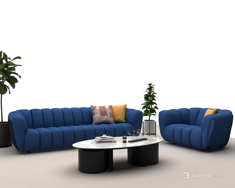 Blue Sofa Coffee Table Combination with Round Table Pillows and Green Plants 3d model