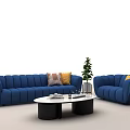 Blue Sofa Coffee Table Combination with Round Table Pillows and Green Plants 3d model